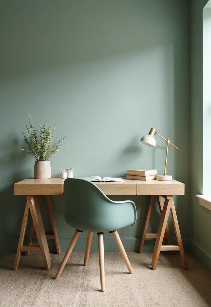30 Sage Green Guest Room Inspirations That Feel Soft and Calm 26 30 Sage Green Guest Room Inspirations That Feel Soft and Calm - 26. Functional Desk Space