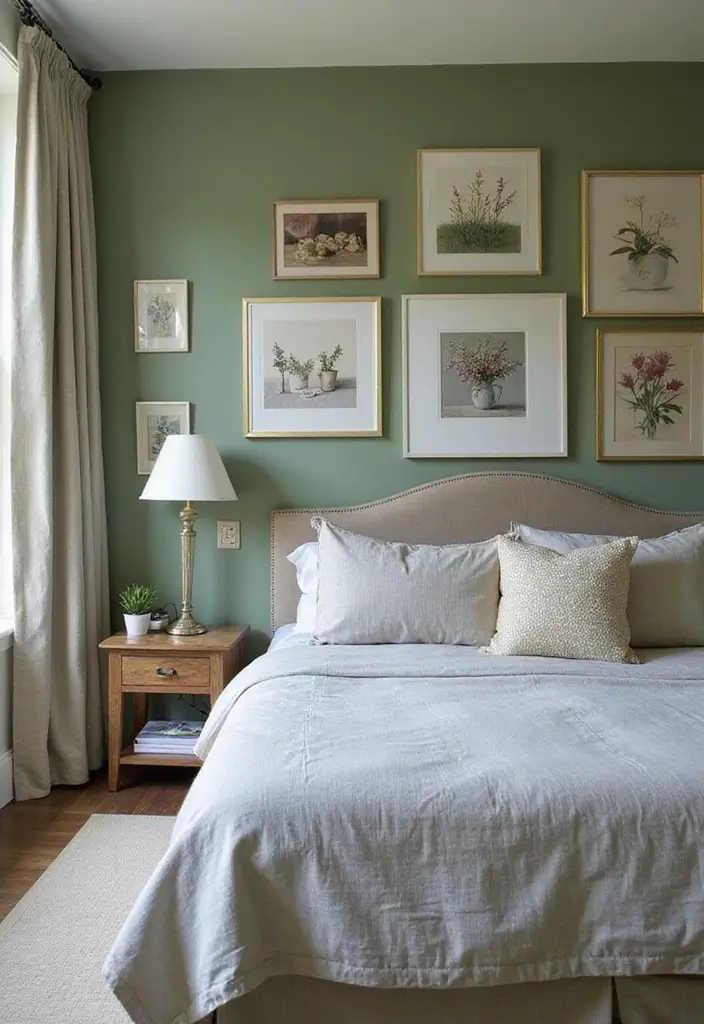 30 Sage Green Guest Room Inspirations That Feel Soft and Calm 29 30 Sage Green Guest Room Inspirations That Feel Soft and Calm - 29. Personalized Art Work