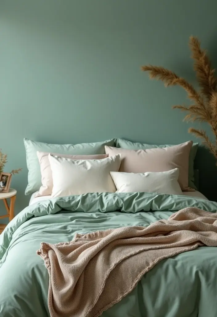30 Sage Green Guest Room Inspirations That Feel Soft and Calm 7 30 Sage Green Guest Room Inspirations That Feel Soft and Calm - 7. Layered Bedding for Comfort
