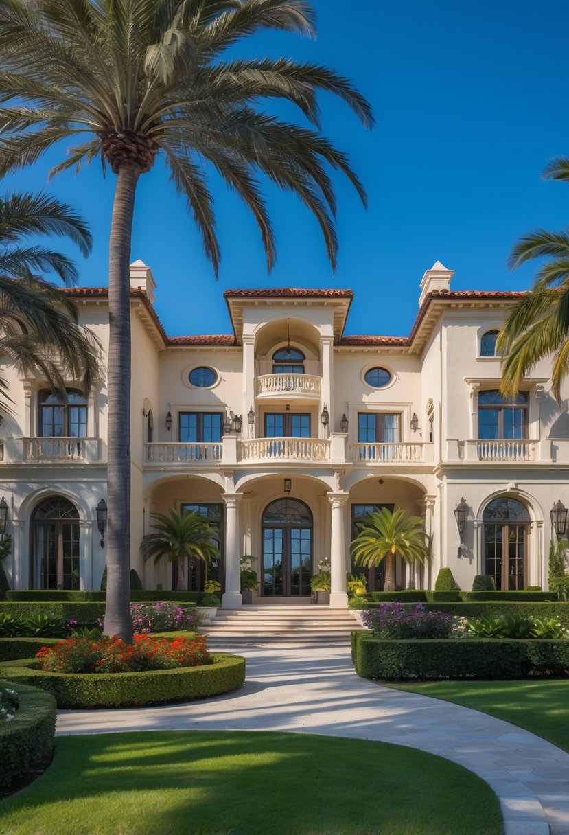 How Many Guest Rooms at Mar-a-Lago: Complete Guide & Details 2 The exterior of Mar-a-Lago estate with Mediterranean-style architecture, palm trees, and a manicured garden under a clear blue sky.
