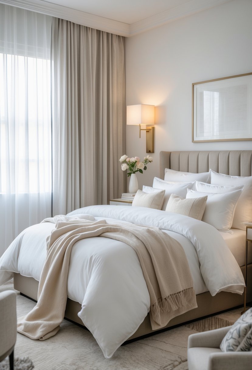 How to Make a Guest Room Feel Like a Hotel: Complete Guide 2 A neatly made guest bedroom with white linens, pillows, a throw blanket, a nightstand with flowers and a lamp, soft natural light, and a cozy armchair.