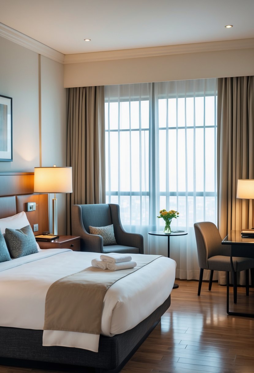 What Is a Guest Room at a Hotel? Features, Types, and Essentials 2 A clean and inviting hotel guest room with a made bed, bedside table with lamp, armchair, desk, and a window letting in natural light.