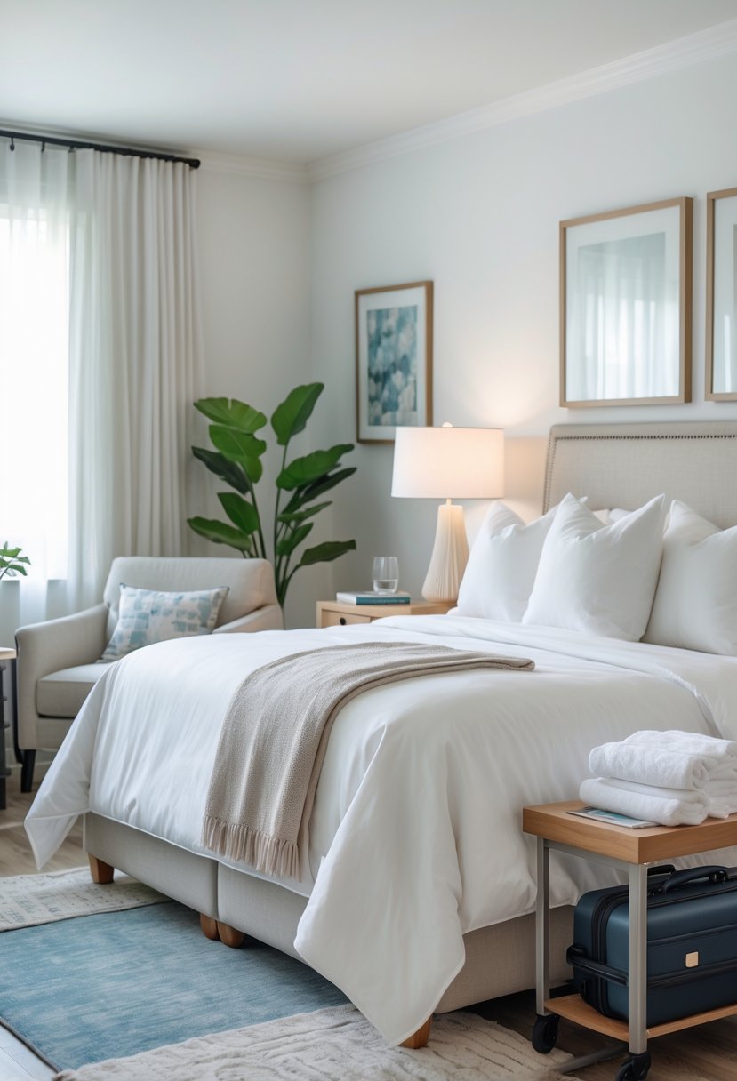 What to Put in a Guest Room: Essentials for Ultimate Comfort 2 A tidy guest bedroom with a made bed, nightstand with lamp and water glass, luggage rack, armchair with side table, and natural light from a window.