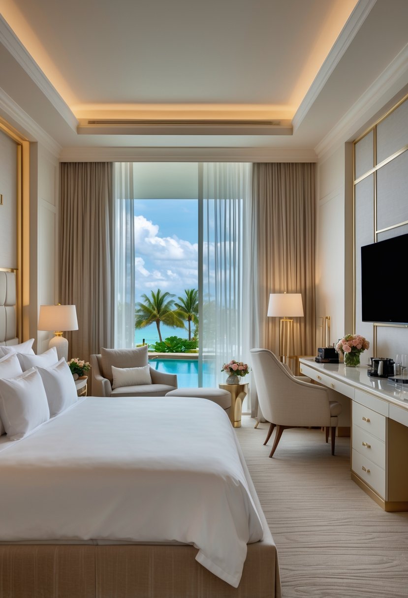 How Many Guest Rooms at Mar-a-Lago: Complete Guide & Details 4 A luxurious guest room with a king-sized bed, bedside lamps, an armchair by a window, and elegant furnishings.