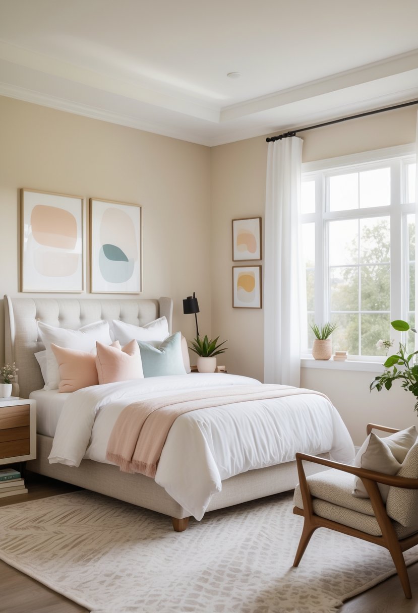 How to Decorate Guest Room: Complete Guide for a Welcoming Space 3 A bright and cozy guest room with a neatly made bed, a nightstand with a lamp and plant, an armchair near a window, and decorative items on the walls and shelves.