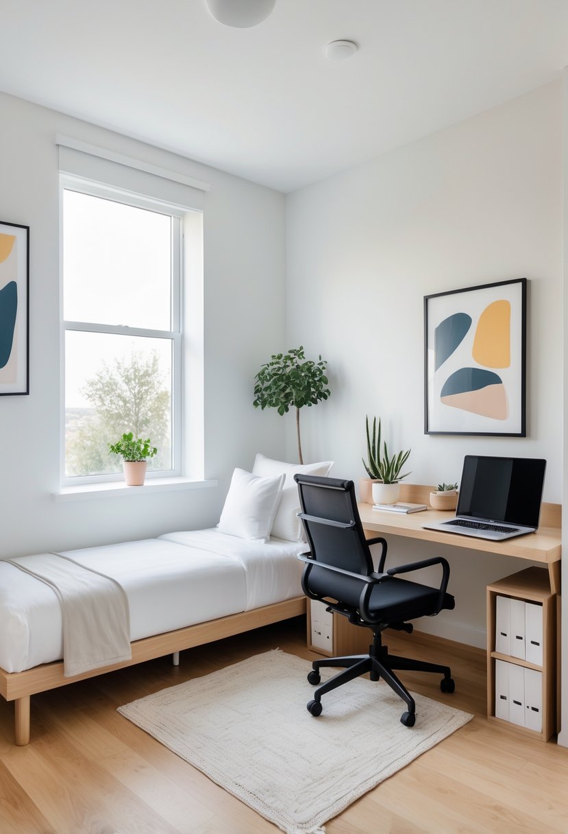 A guest room with a single bed and a home office setup including a desk, chair, and laptop, with natural light coming through large windows.