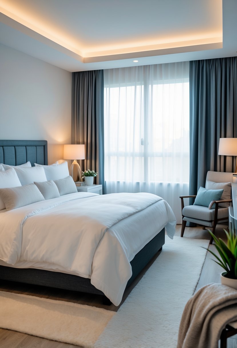 How to Make a Guest Room Feel Like a Hotel: Complete Guide 3 A tidy guest bedroom with a made bed, bedside lamps, blackout curtains, and a cozy armchair.