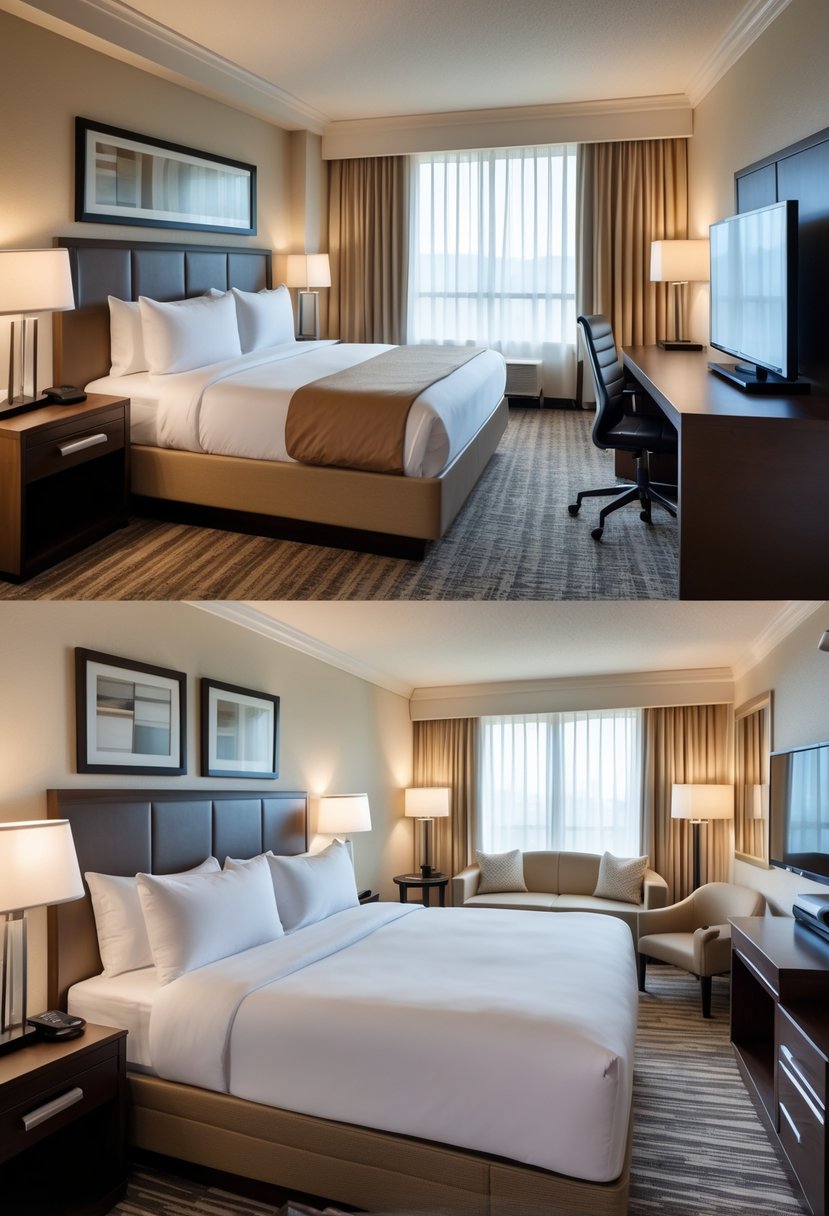 What Is a Guest Room at a Hotel? Features, Types, and Essentials 3 A hotel interior showing different types of guest rooms including a standard room with a queen bed, a deluxe room with seating, and a suite with a living area.