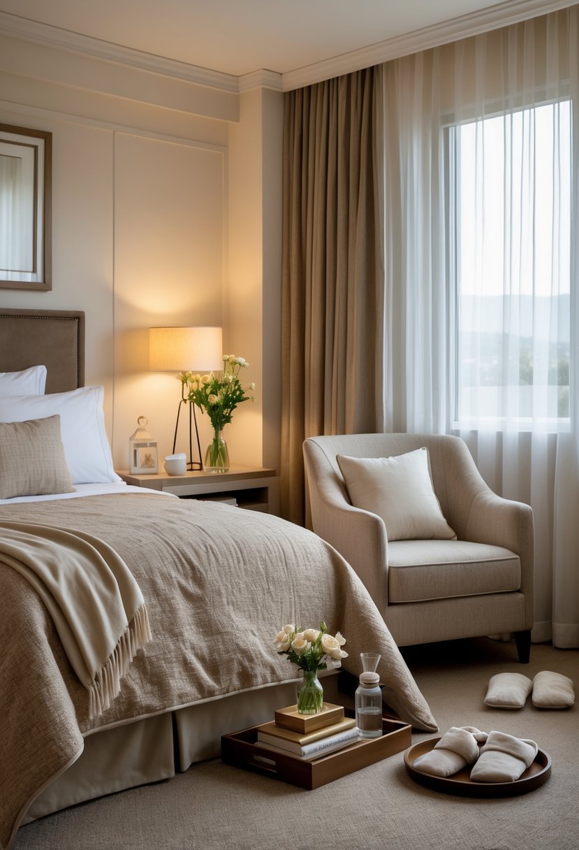 What to Put in a Guest Room: Essentials for Ultimate Comfort 3 A cozy guest room with a neatly made bed, bedside table with flowers and lamp, a comfortable armchair by a window, and small amenities arranged for guest comfort.