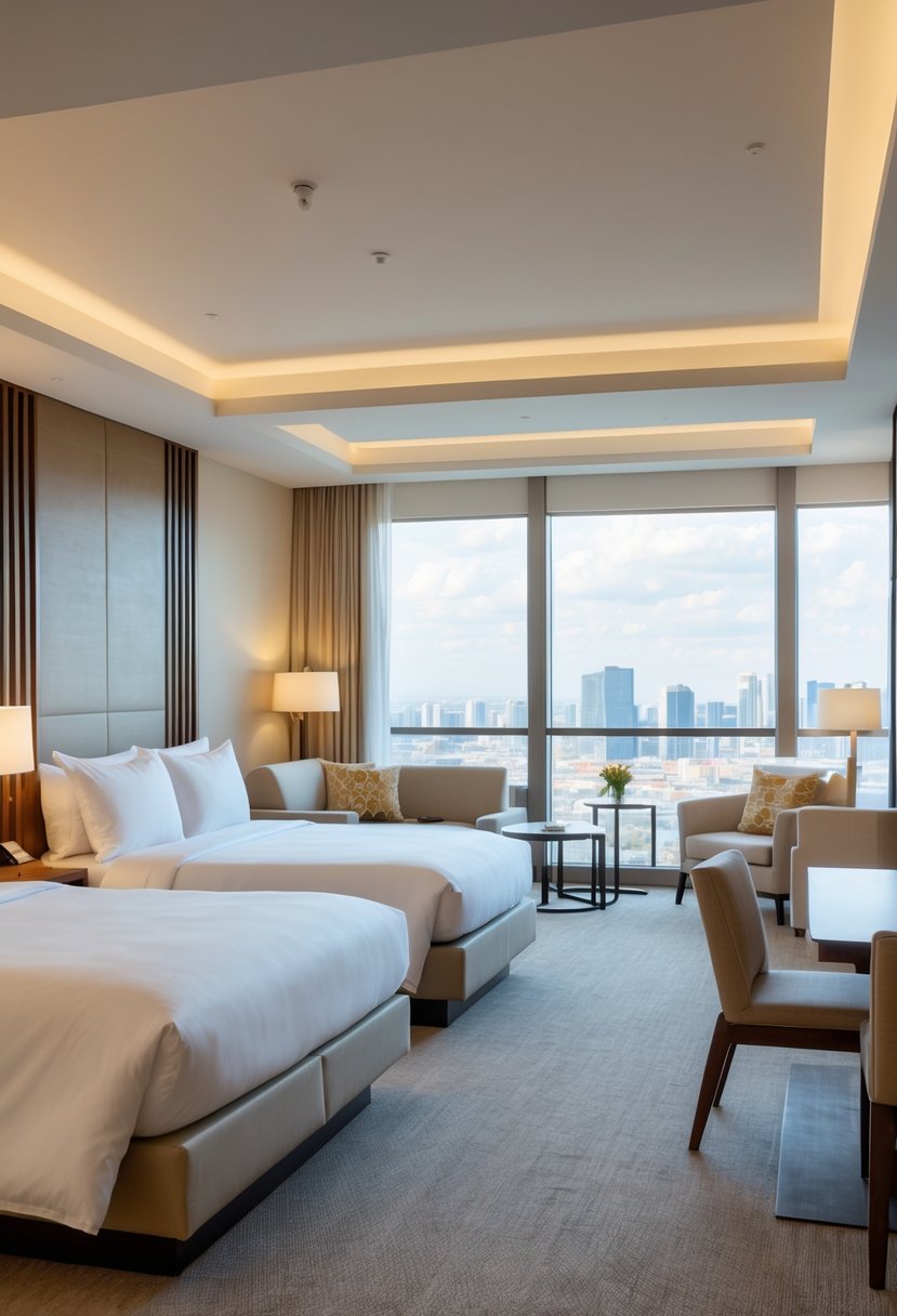 Can You Have More Guests in a Hotel Room? Rules, Limits & Tips 4 A spacious hotel room with two large beds, a seating area, and a dining table, designed to accommodate multiple guests.