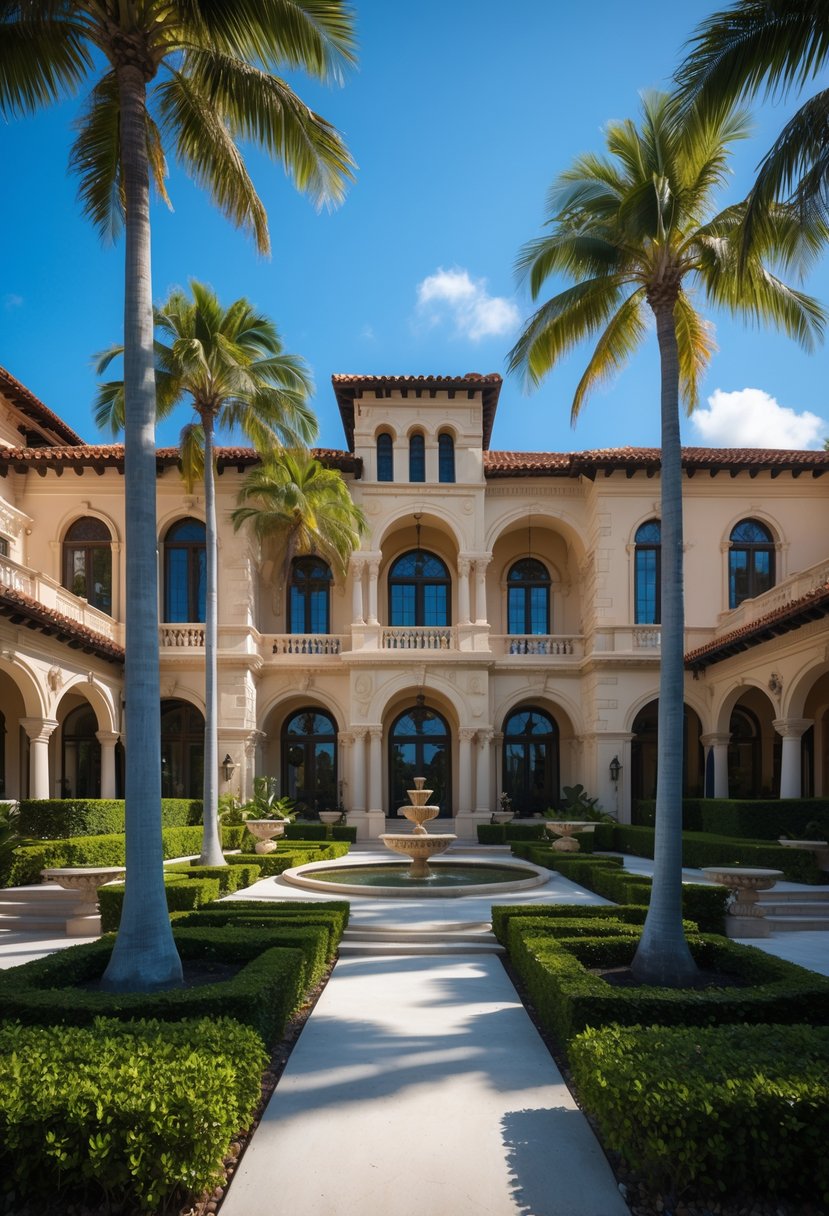 How Many Guest Rooms at Mar-a-Lago: Complete Guide & Details 5 The exterior of Mar-a-Lago estate with palm trees and gardens under a clear sky.
