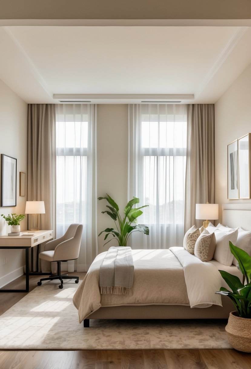 How to Decorate Guest Room: Complete Guide for a Welcoming Space 4 A well-organized guest room with a bed, desk, chair, bedside table, lamp, armchair, window, artwork, and plants.