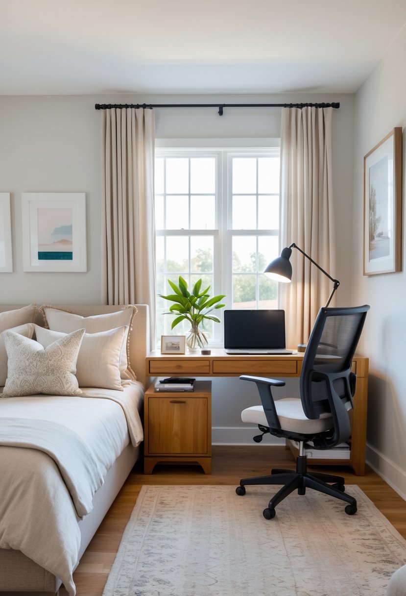 A guest room with a bed and a home office setup including a desk, chair, laptop, and decorative plants.