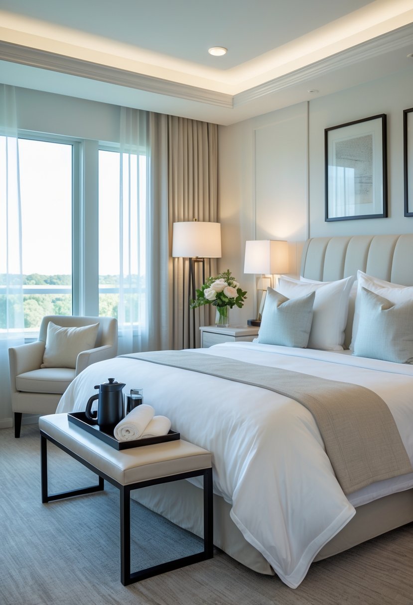 How to Make a Guest Room Feel Like a Hotel: Complete Guide 4 A bright guest bedroom with a neatly made bed, fresh towels, a coffee maker on a tray, fresh flowers, and soft natural lighting.