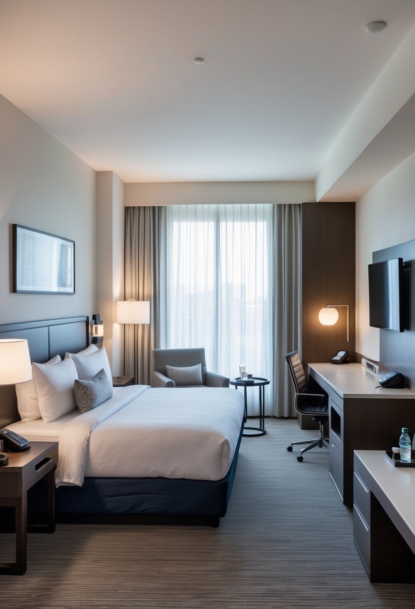 What Is a Guest Room at a Hotel? Features, Types, and Essentials 4 A clean and inviting hotel guest room with a made bed, bedside table, armchair, coffee maker, window, flat-screen TV, and work desk.