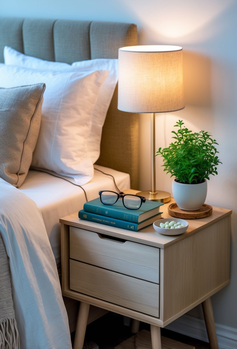 What to Put in a Guest Room: Essentials for Ultimate Comfort 4 A nightstand next to a bed with a lamp, book, potted plant, glass of water, glasses, and a small dish, creating a welcoming guest room setup.