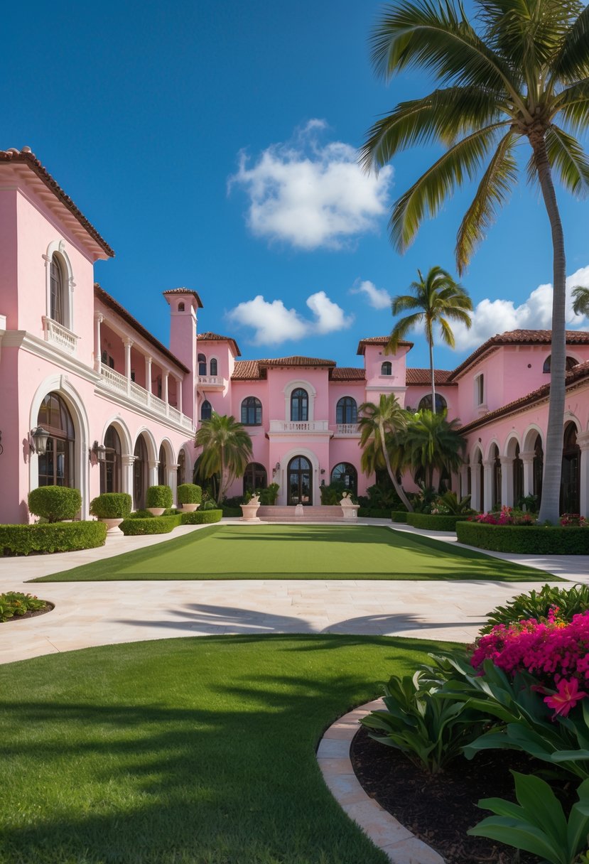 How Many Guest Rooms at Mar-a-Lago: Complete Guide & Details 6 Exterior view of Mar-a-Lago estate with pink stucco walls, terracotta roof, palm trees, and manicured lawn on a sunny day.