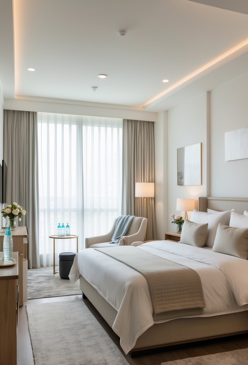 How to Decorate Guest Room: Complete Guide for a Welcoming Space 5 A tidy guest bedroom with a made bed, nightstand with lamp and flowers, armchair by a window, writing desk, and luggage rack.