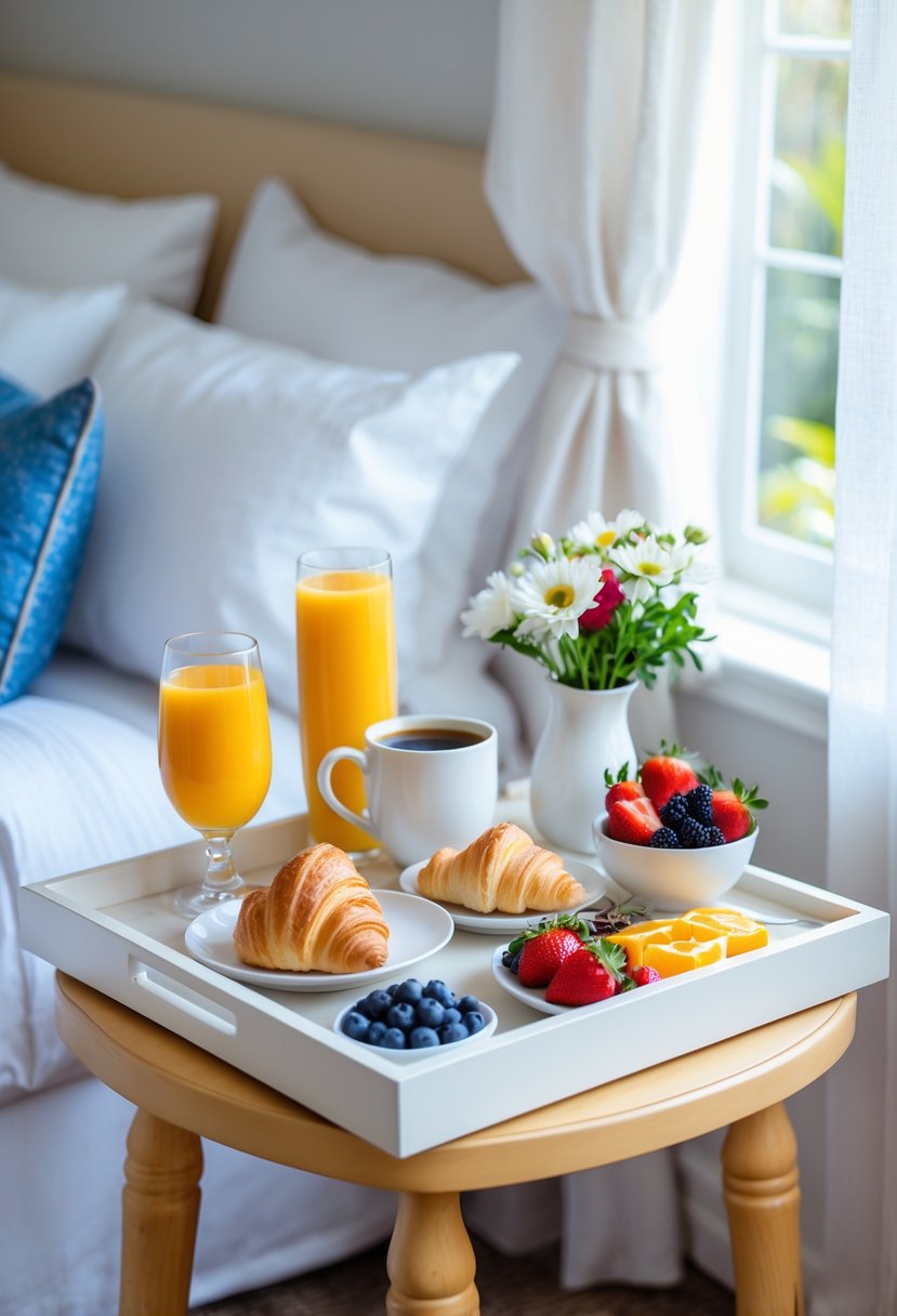 How to Make a Guest Room Feel Like a Hotel: Complete Guide 5 A guest room corner with a tray of breakfast items including juice, coffee, pastries, and fruit on a side table next to a neatly made bed.