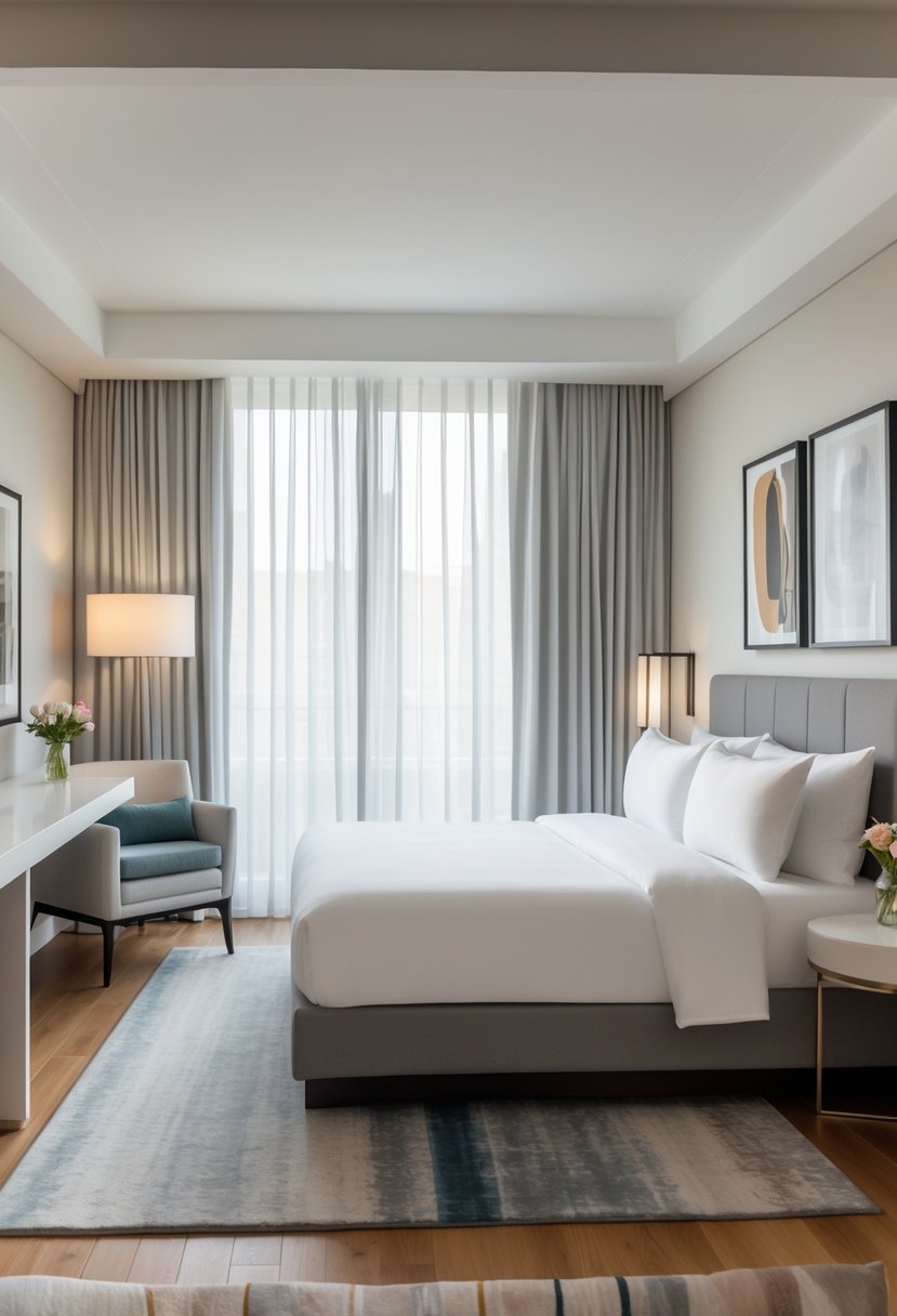 What Is a Guest Room at a Hotel? Features, Types, and Essentials 5 A neatly arranged hotel guest room with a made bed, bedside table, armchair, desk, and natural light coming through the window.