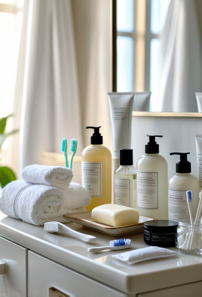 What to Put in a Guest Room: Essentials for Ultimate Comfort 5 A guest room vanity with neatly arranged personal care and toiletry items including towels, shampoo, conditioner, lotion, soap, toothbrush, razor, mouthwash, cotton swabs, and a comb.