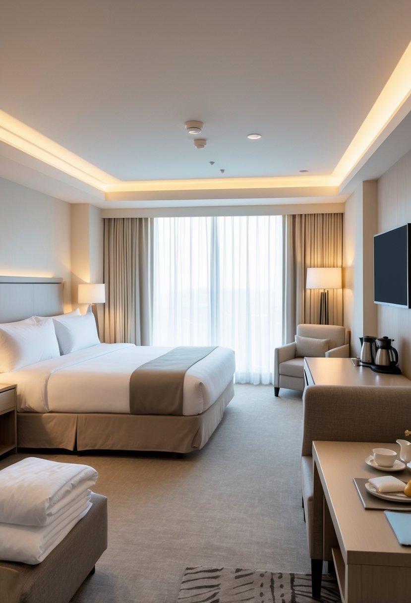 Can You Have More Guests in a Hotel Room? Rules, Limits & Tips 6 A hotel room with a king-size bed, pull-out sofa bed, armchair, and extra pillows and blankets, ready to accommodate multiple guests.