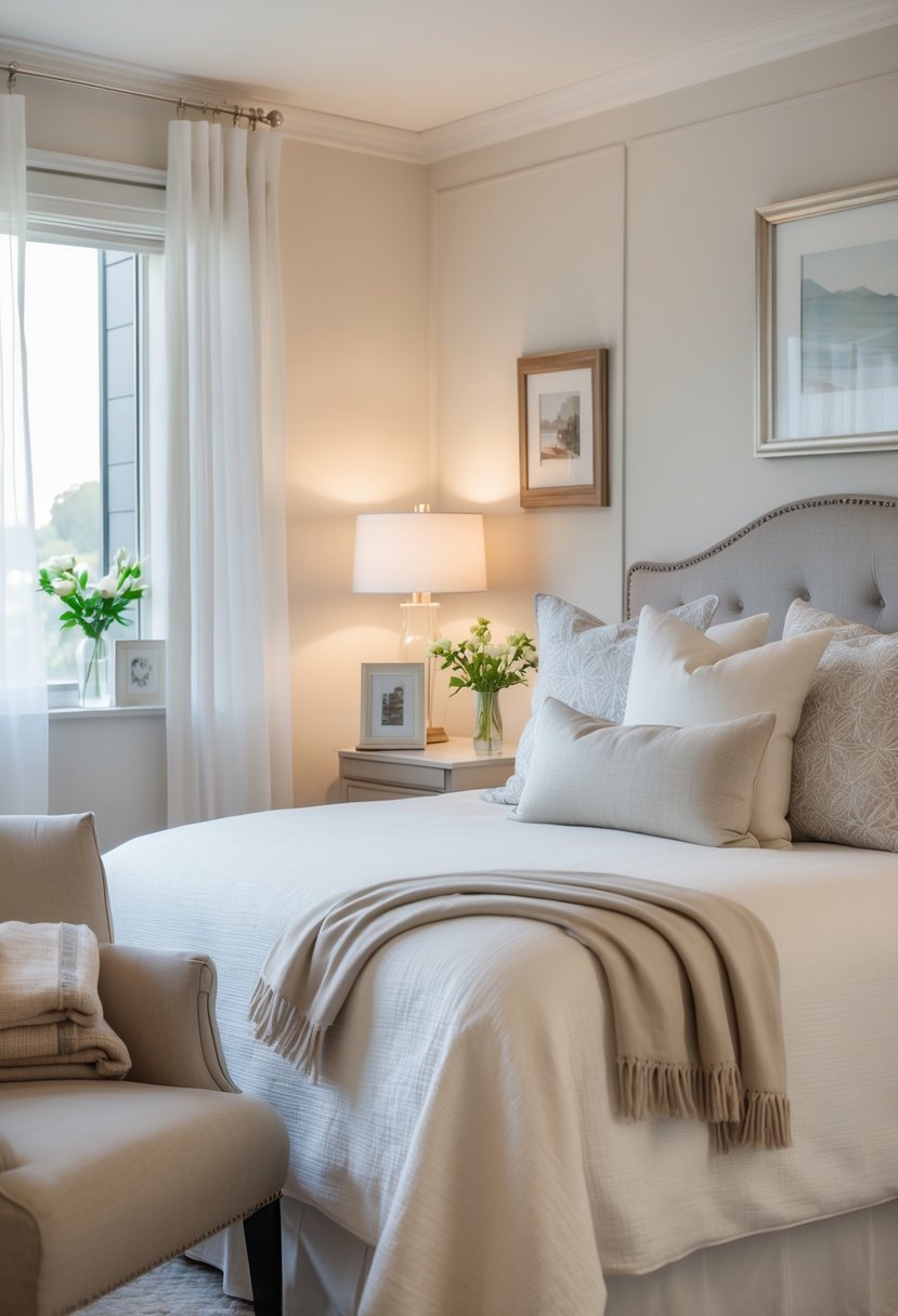 How to Decorate Guest Room: Complete Guide for a Welcoming Space 6 A well-decorated guest room with a made bed, bedside table with flowers and lamp, artwork on the walls, an armchair by a window with curtains, and natural daylight.
