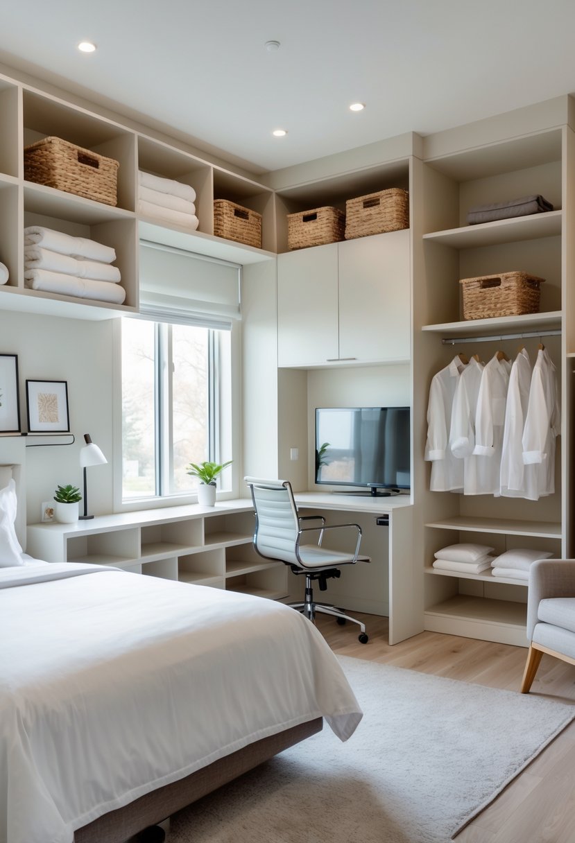 How to Make a Guest Room Feel Like a Hotel: Complete Guide 6 A clean and inviting guest room with a neatly made bed, built-in storage units, a desk by the window, a wardrobe, and a cozy armchair.