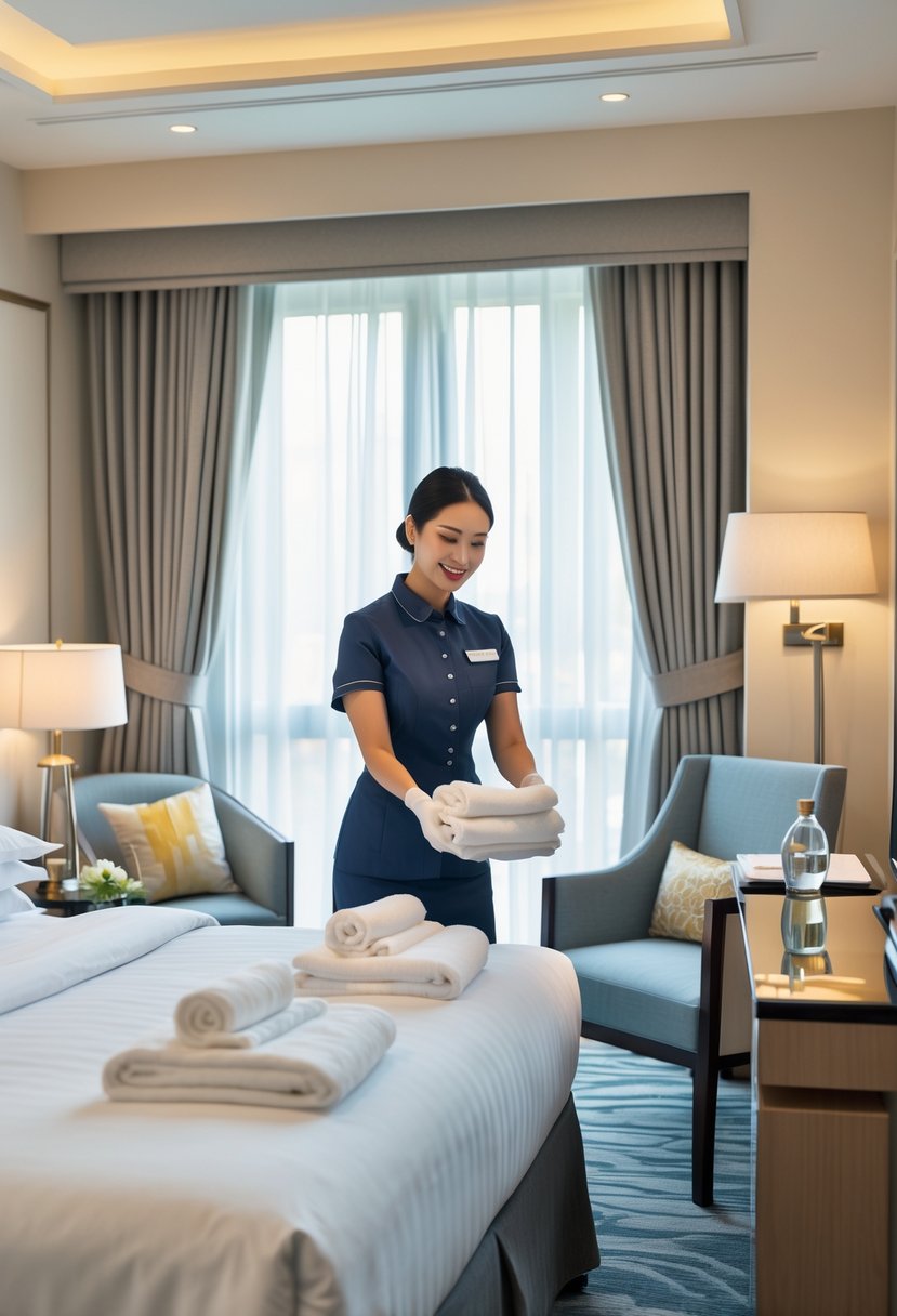 What Is a Guest Room at a Hotel? Features, Types, and Essentials 6 A hotel housekeeper arranging fresh towels in a clean, neatly made guest room with natural light coming through a window.