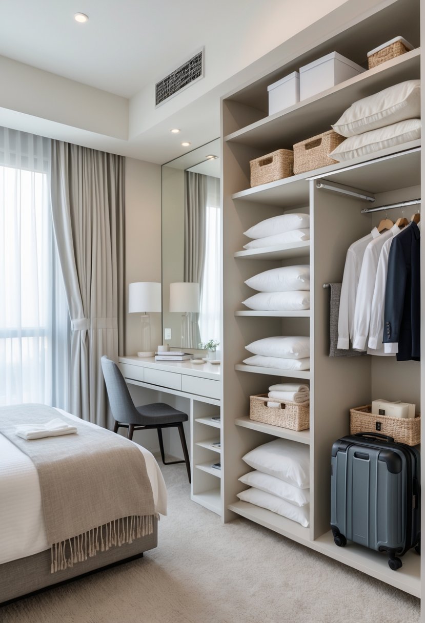 What to Put in a Guest Room: Essentials for Ultimate Comfort 6 A tidy guest room with a made bed, nightstand, open shelving with blankets and baskets, a wardrobe organizer, and a luggage rack with a suitcase and toiletries.