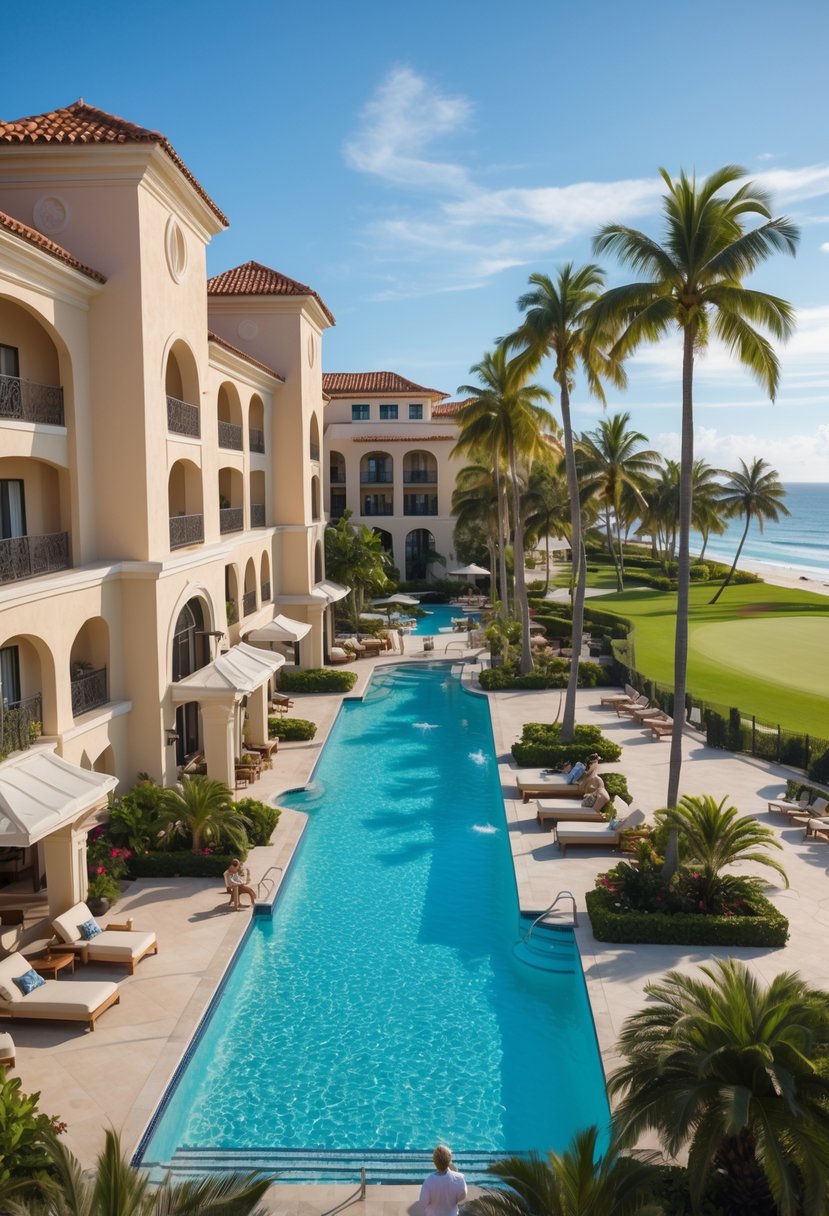 How Many Guest Rooms at Mar-a-Lago: Complete Guide & Details 8 Exterior view of a luxury resort with a swimming pool, palm trees, and nearby golf course and beach.