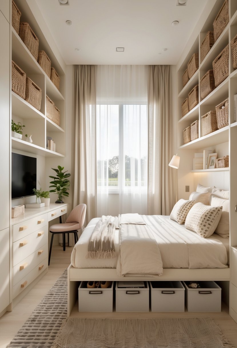 How to Decorate Guest Room: Complete Guide for a Welcoming Space 7 A tidy guest room with a made bed, built-in shelves, a dresser, under-bed storage bins, and a reading nook by a window.