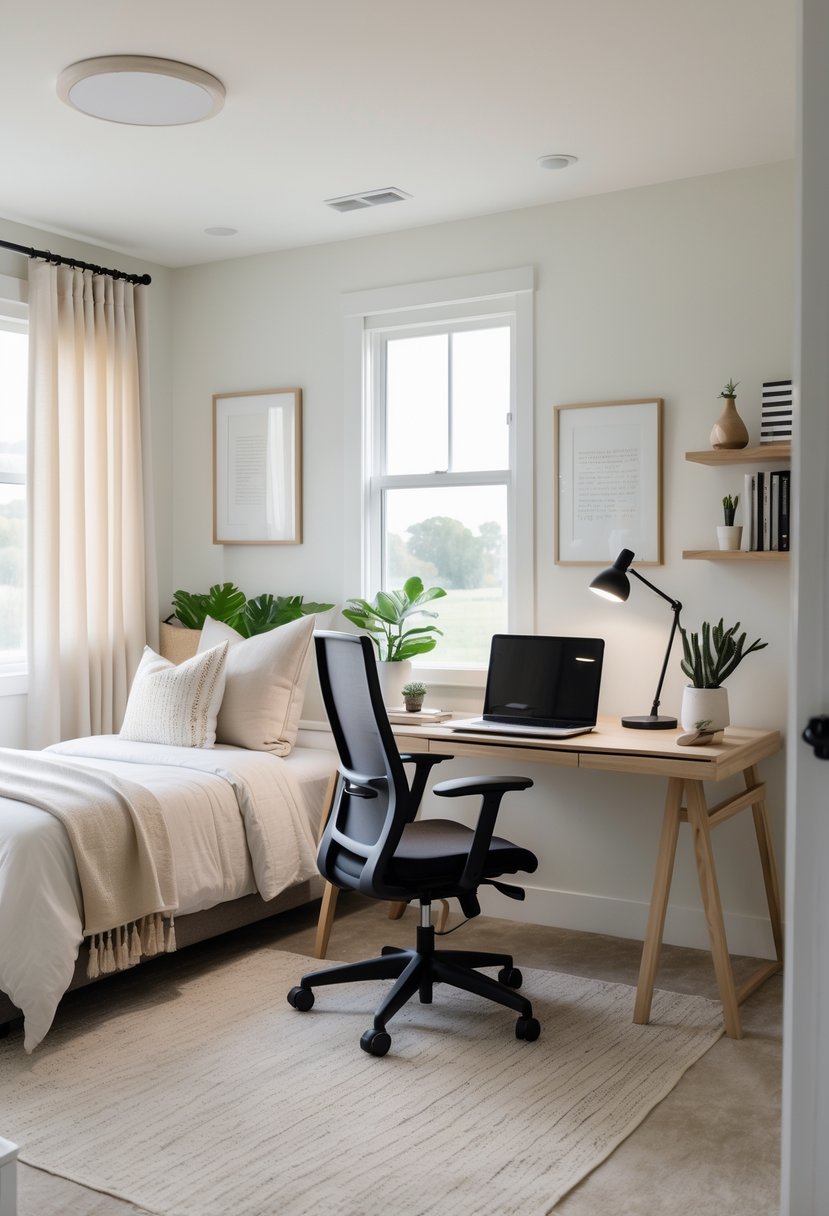 A guest room with a bed and a home office setup including a desk, chair, laptop, and plants, lit by natural light from a window.