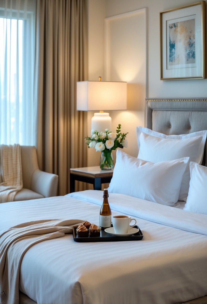 How to Make a Guest Room Feel Like a Hotel: Complete Guide 7 A guest room with a neatly made bed, bedside table with flowers and books, a tray with coffee and chocolates, warm lighting, and cozy decor.