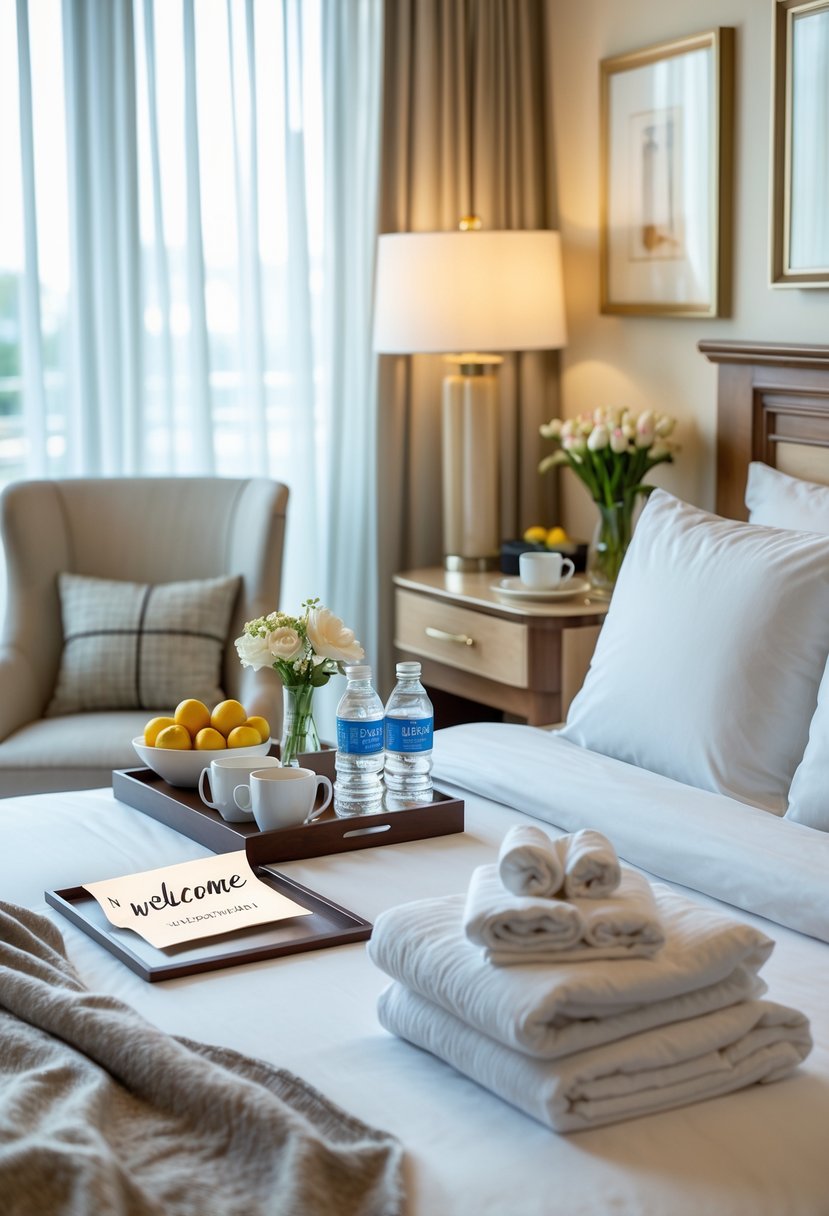 What to Put in a Guest Room: Essentials for Ultimate Comfort 7 A welcoming guest room with a neatly made bed, fresh flowers, a coffee setup, soft lighting, and cozy seating.