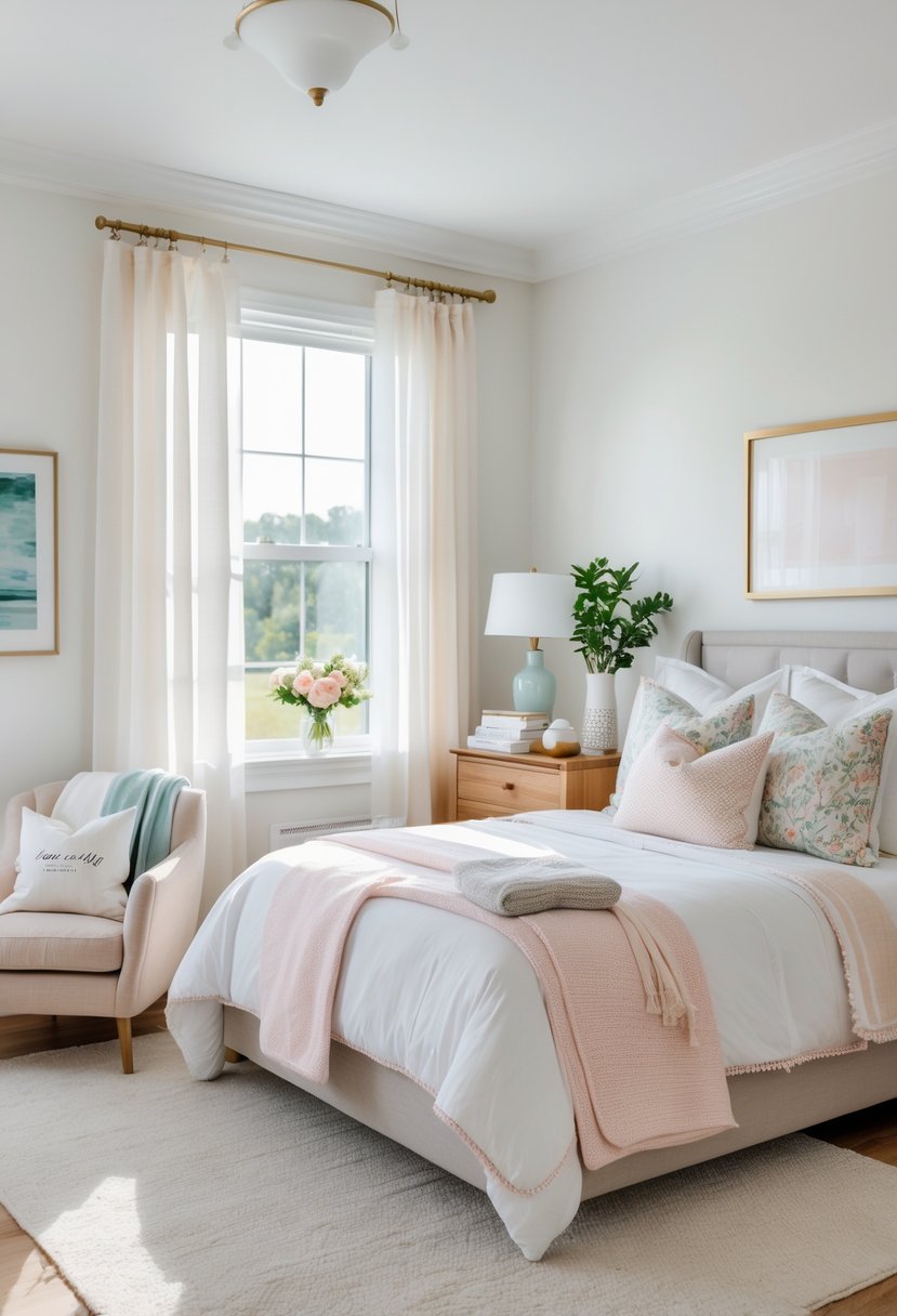 How to Decorate Guest Room: Complete Guide for a Welcoming Space 8 A well-decorated guest bedroom with a made bed, nightstand with lamp and plant, armchair near a window, and soft natural light filling the room.