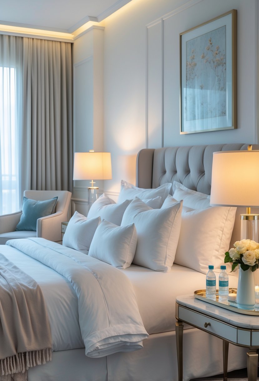 How to Make a Guest Room Feel Like a Hotel: Complete Guide 8 A neatly arranged guest bedroom with a made bed, bedside lamps, fresh flowers, and a cozy armchair.