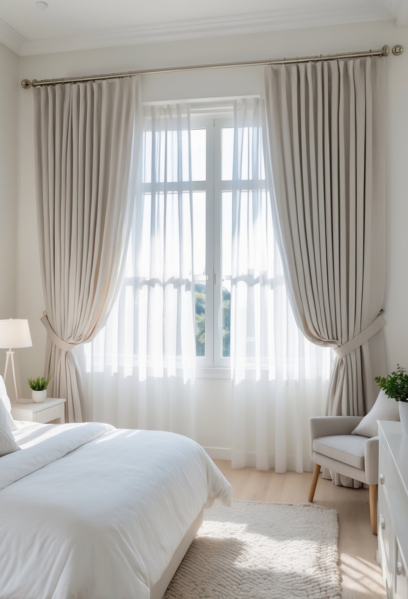 What to Put in a Guest Room: Essentials for Ultimate Comfort 8 A guest bedroom with a large window covered by sheer white curtains and thick blackout drapes, a neatly made bed with white linens, a bedside table with a lamp and a plant, and soft natural light filling the room.