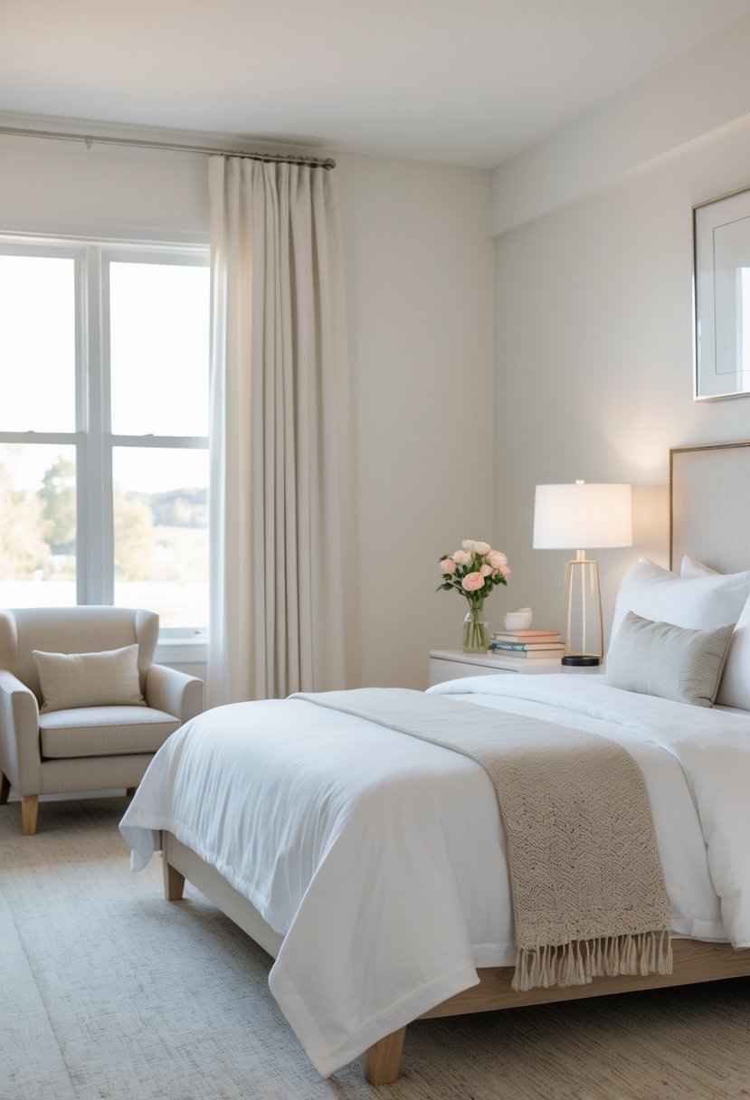 What to Put in a Guest Room: Essentials for Ultimate Comfort 9 A clean and cozy guest bedroom with a made bed, bedside table with lamp and flowers, and an armchair by a window letting in natural light.