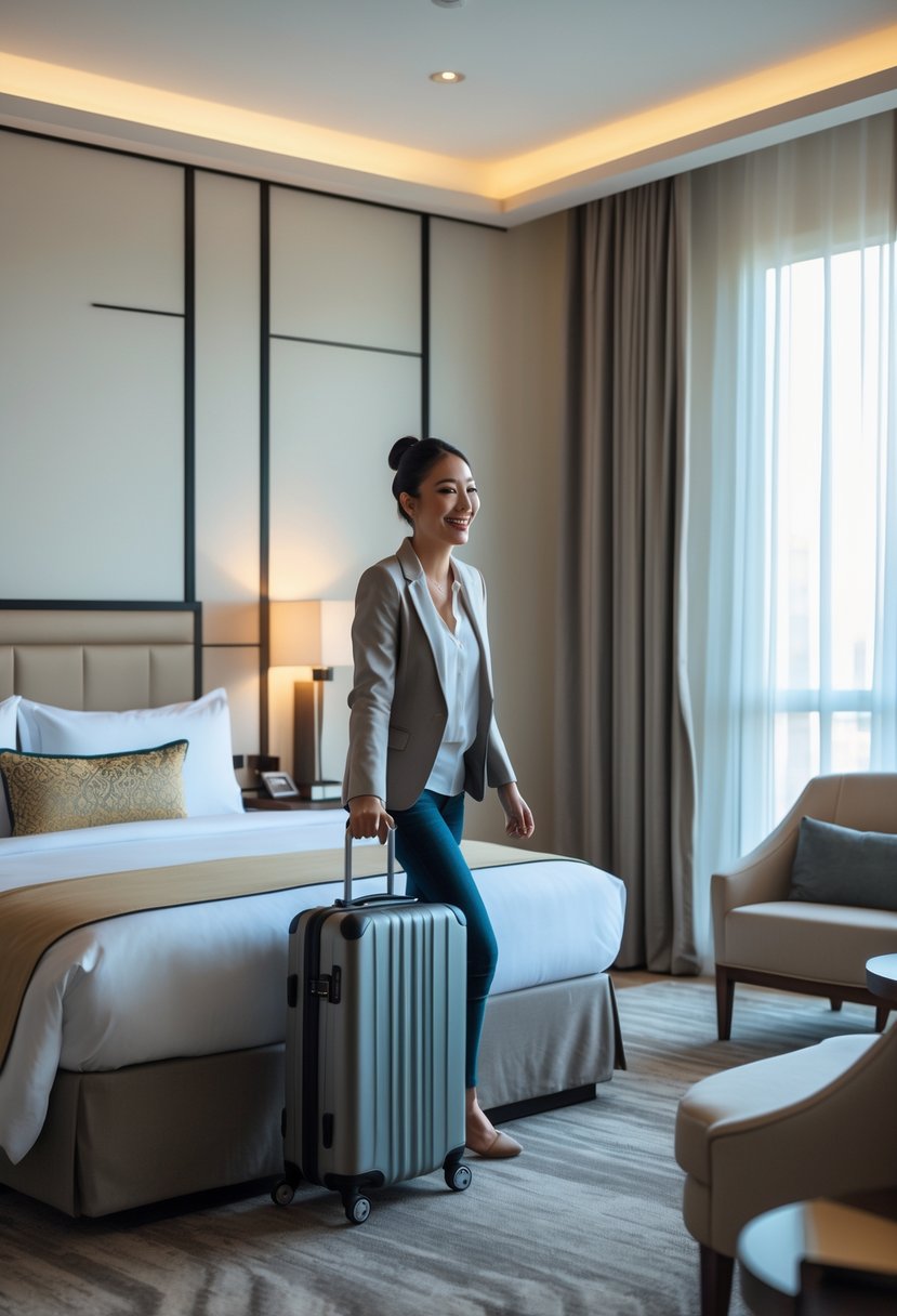 Can I Have a Guest in My Hotel Room? Essential Rules Explained 1 A guest entering a modern hotel room with a neatly made bed and natural light coming through a window.