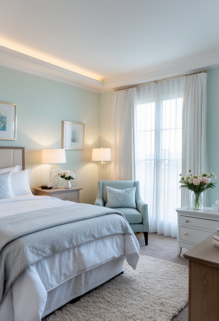 How to Decorate Guest Room: Complete Guide for a Welcoming Space 1 A neatly decorated guest room with a made bed, bedside tables with lamps, an armchair near a window, artwork on the walls, and a dresser with flowers.