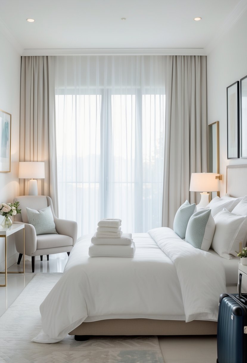 How to Make a Guest Room Feel Like a Hotel: Complete Guide 1 A well-organized guest bedroom with a neatly made bed, bedside table with lamp and flowers, an armchair, and natural light coming through sheer curtains.