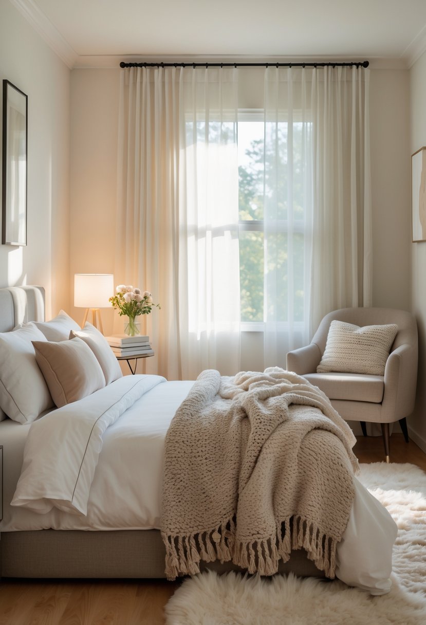 How to Make a Guest Room Cozy: Practical Ideas for Every Home 1 A cozy guest bedroom with a made bed, pillows, a throw blanket, a bedside table with a lamp and flowers, an armchair, and a rug.
