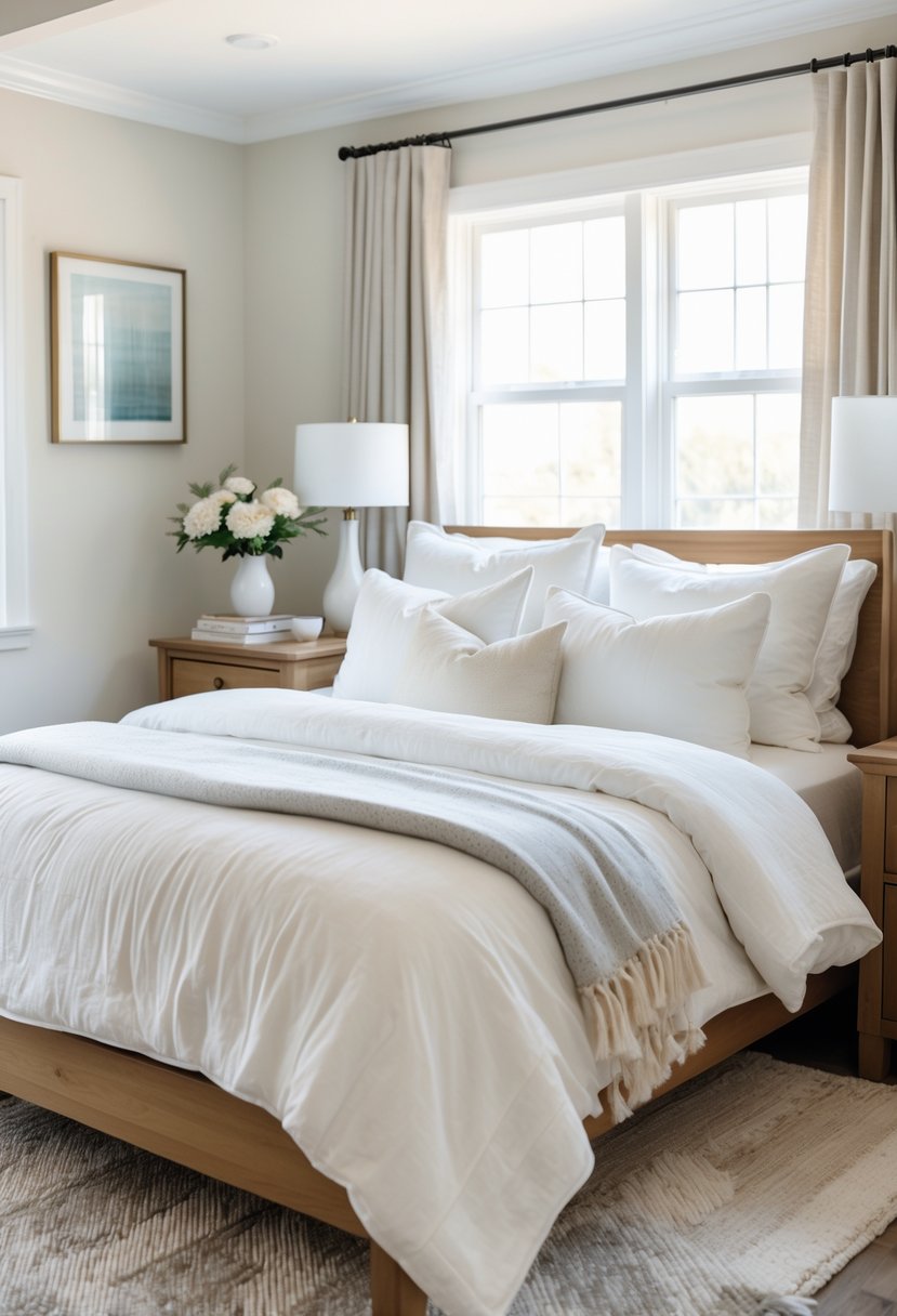 How to Make a Guest Room Cozy: Practical Ideas for Every Home 2 A cozy guest bedroom with a neatly made bed, pillows, a throw blanket, bedside table with lamp and flowers, and natural light coming through a window.