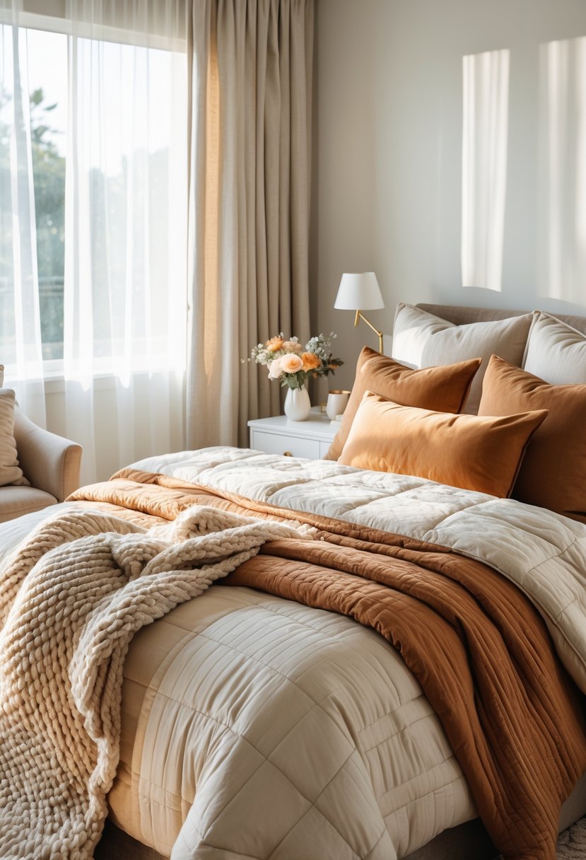 How to Make a Guest Room Cozy: Practical Ideas for Every Home 3 A guest bedroom with a neatly made bed layered with warm blankets and pillows, soft natural light, and a bedside table with a lamp and flowers.