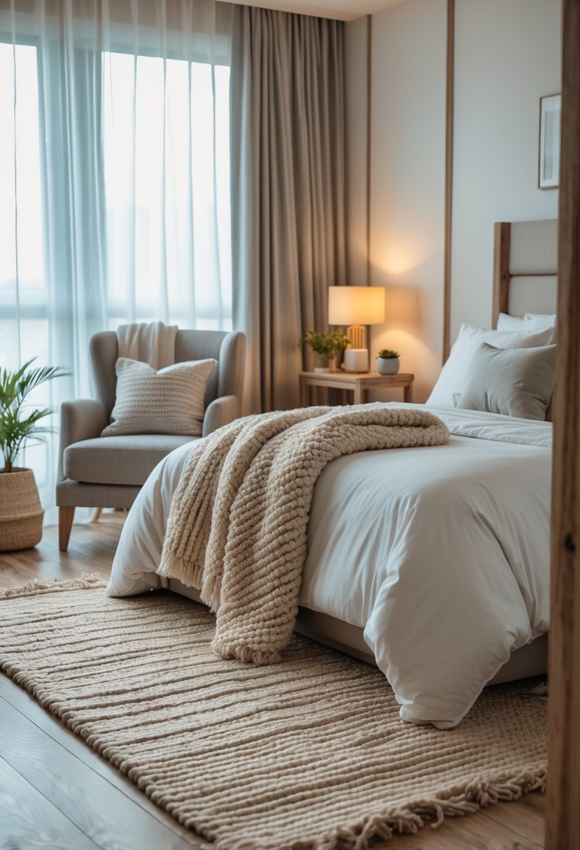 How to Make a Guest Room Cozy: Practical Ideas for Every Home 4 A cozy guest room with a made bed, soft pillows, a woven rug, an armchair with a throw blanket, a nightstand with a lamp, and natural light coming through sheer curtains.