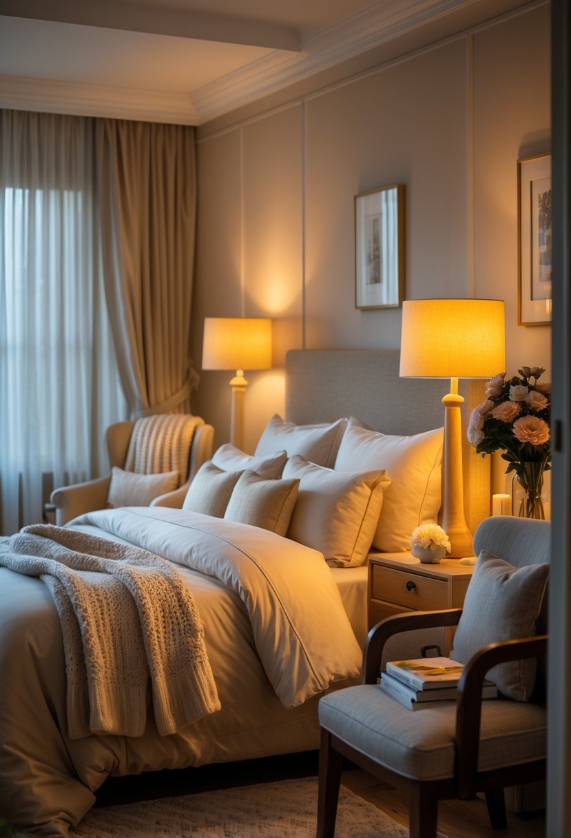 How to Make a Guest Room Cozy: Practical Ideas for Every Home 5 A cozy guest room with a comfortable bed, warm bedside lamp, armchair with a throw blanket, and soft natural light coming through the window.