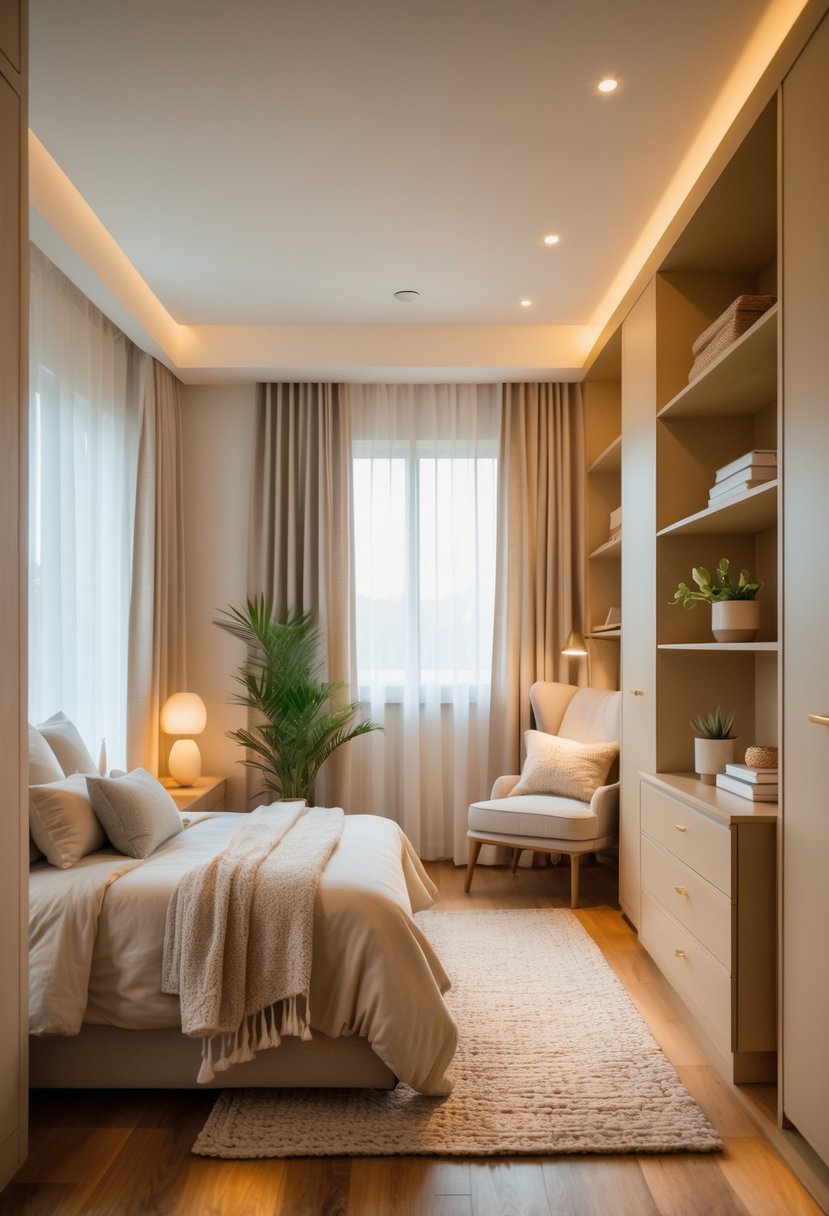 How to Make a Guest Room Cozy: Practical Ideas for Every Home 6 A cozy guest room with a neatly made bed, nightstand with lamp, dresser, shelving for storage, an armchair with a throw blanket, and natural light coming through sheer curtains.