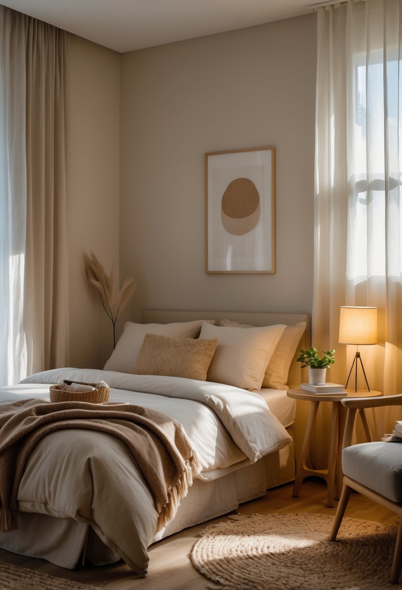 How to Make a Guest Room Cozy: Practical Ideas for Every Home 7 A cozy guest room with a made bed, soft pillows, warm lighting, a nightstand with a lamp and plant, and a comfortable armchair.