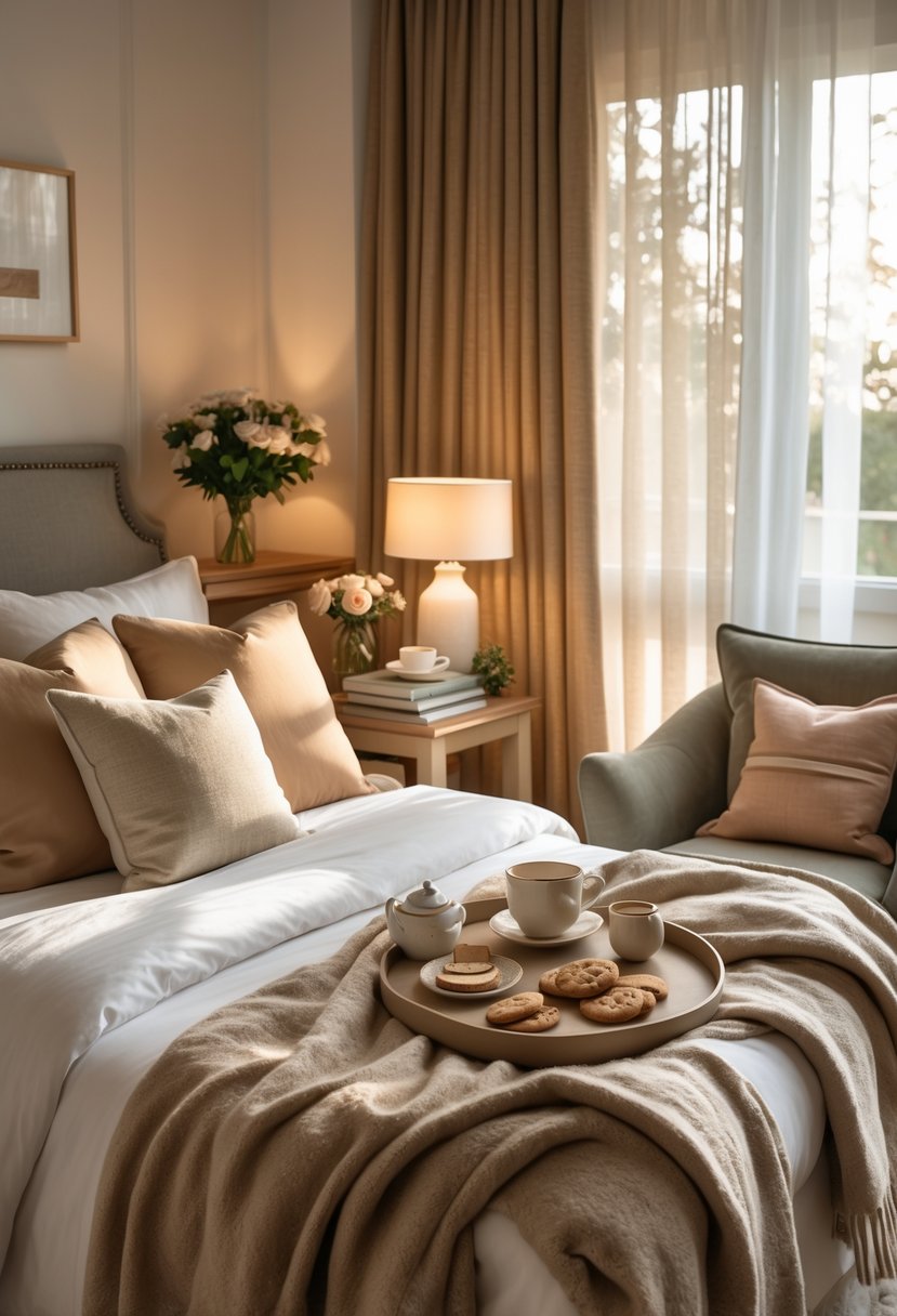 How to Make a Guest Room Cozy: Practical Ideas for Every Home 8 A cozy guest bedroom with a made bed, pillows, a throw blanket, bedside table with flowers and lamp, books, and a tray with a teacup, softly lit by natural light through curtains.